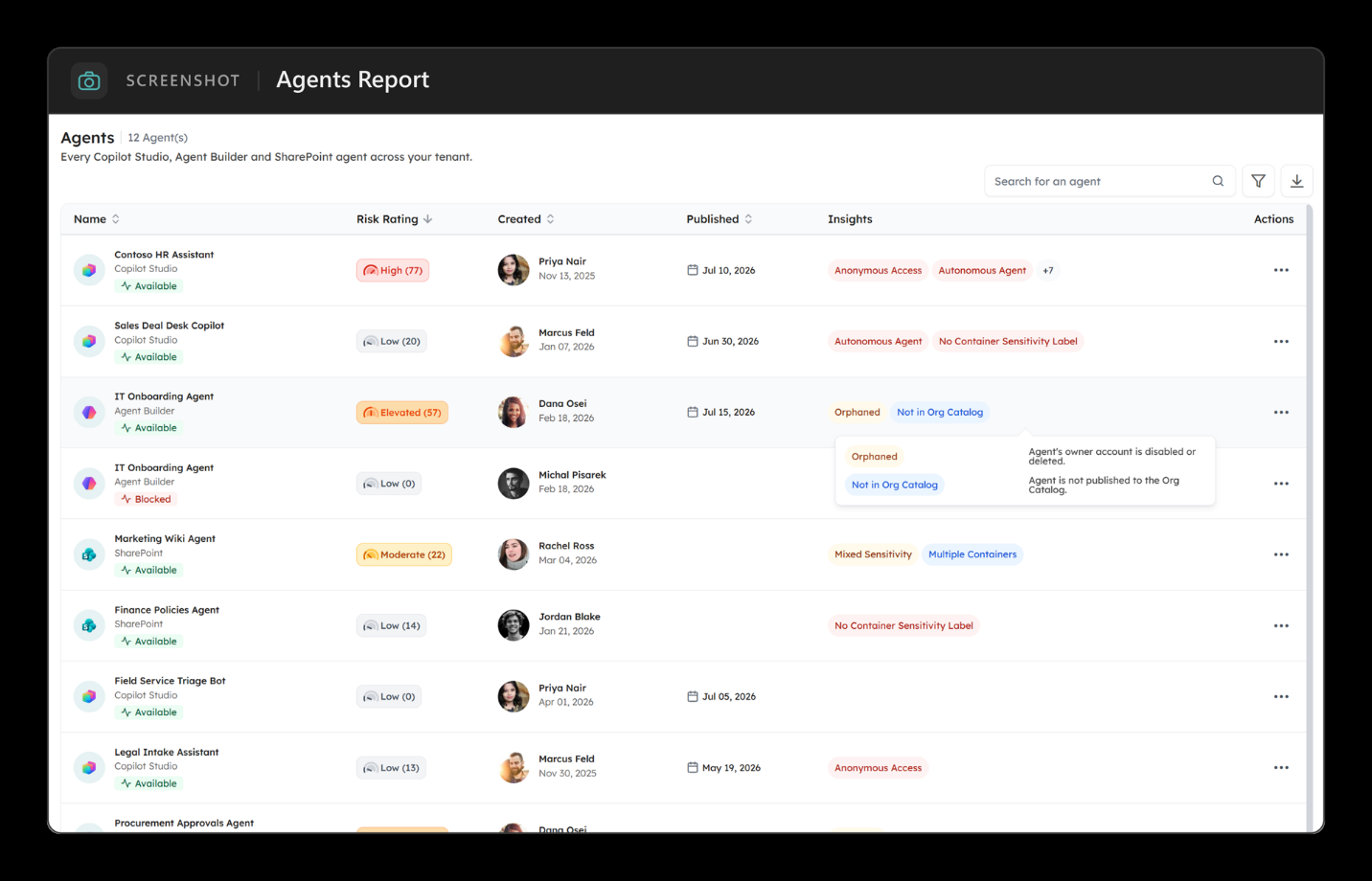 The Agents report: full roster with type badges, resolved owner names, creation dates, status pills and insight chips. Filter panel open on the right.