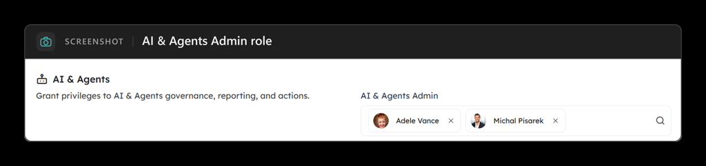 Settings › Access Control › Roles showing the AI & Agents Admin role with users and groups assigned.