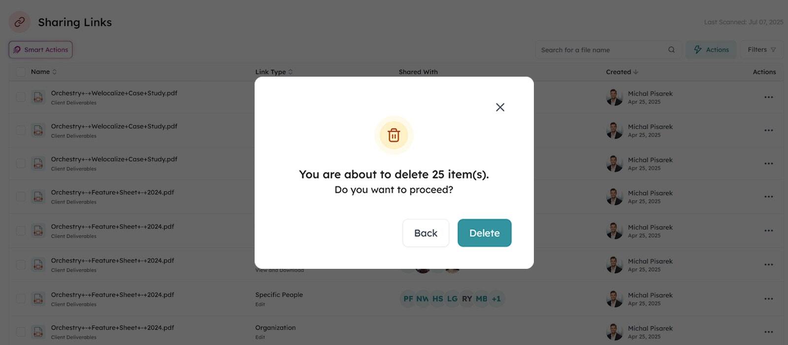 orchestry delete sharing links feature