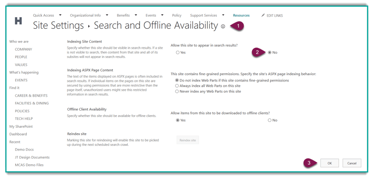 Search and offline availability in SharePoint site settings
