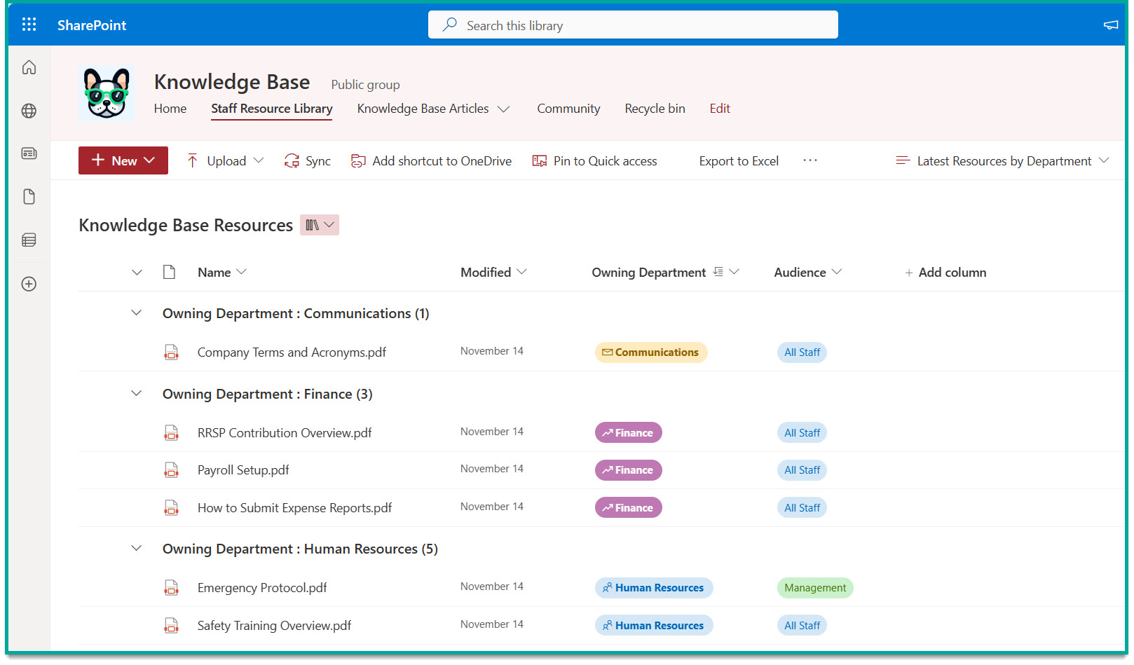 screenshot of a document library called 'Knowledge Base Resources'; showcases two custom fields called "Owning Department" and "Audience"