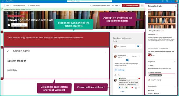 screenshot of a Sharepoint page template; text bubbles point out page sections, web parts, and the template details