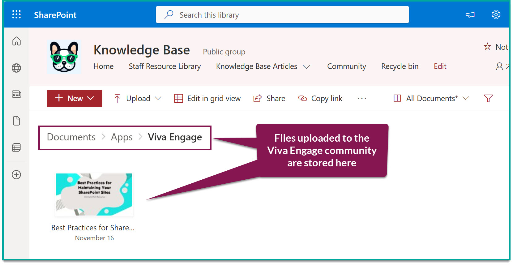 screenshot of the 'Documents' document library; a text box points out the folder that is used to store files uploaded to the Viva Engage community