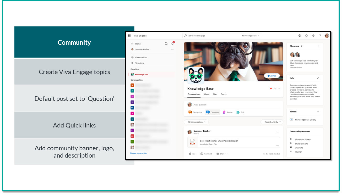 image showcasing a screenshot of a sample Viva Engage community next to table called 'Community'; table outlines key areas to setup outlines in this blog