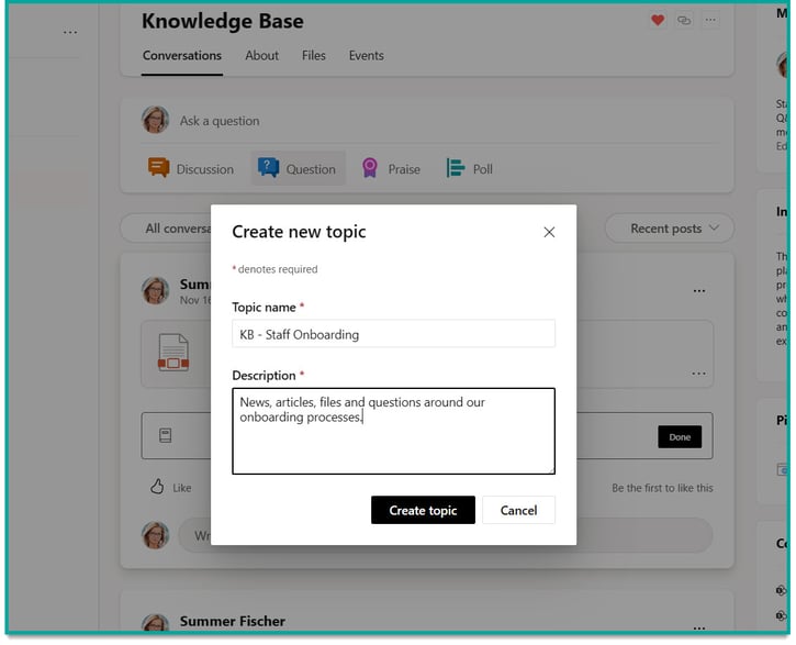 screenshot of the 'Create a new topic' window in Viva Engage; sample shows a topic named 'KB - Staff Onboarding' and a required description for it.