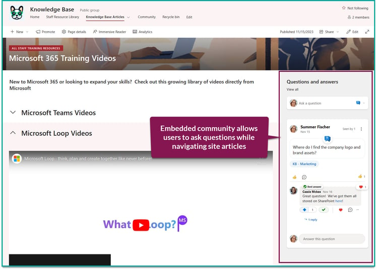 screenshot of a SharePoint page with the 'Conversations' web part embedded; a text bubble explains that users can participate in community Q&A and discussions without leaving SharePoint