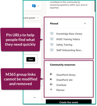 screenshot of the 'Pinned' and 'Community resources' sections of a viva engage community; text bubbles explain that you can pin URLs and that you cannot remove the 'Community resources' section