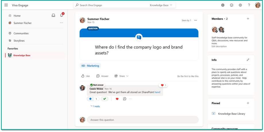 screenshot of a question posted to a Viva Engage community; there's a reply to the post that has been upvoted and labeled as the 'best answer'