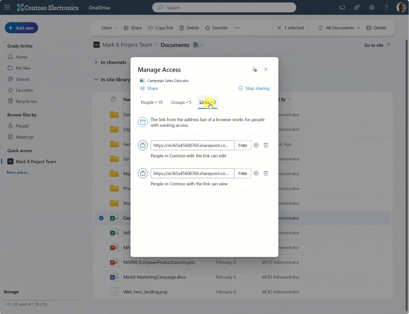 GIf demonstrating how to delete shared links in M365