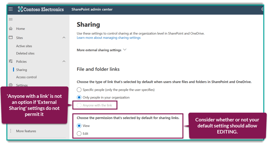 Image of the 'Sharing' page in SharePoint Admin, demonstrating where to modify the global default for sharing files and folders
