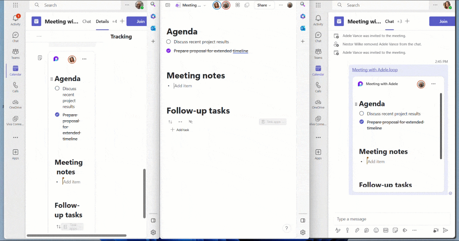 GIF of a meeting notes Loop page being edited in three different browser windows simultaneously 