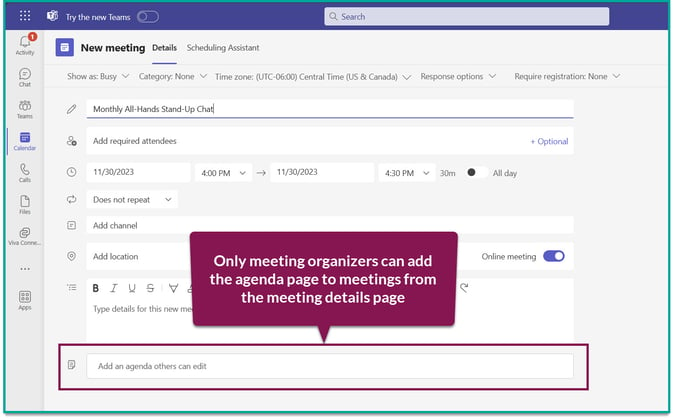 screenshot of the 'Details' page of a teams meeting; a field labeled "Add an agenda others can edit" is shown with a text box explaining that only meeting organizers can add an agenda page
