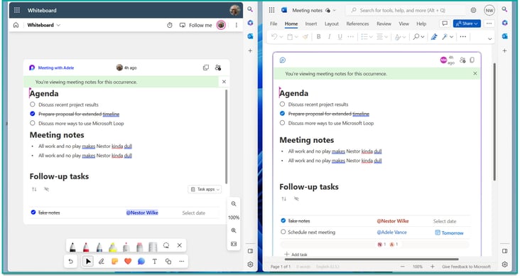 screenshot of two browser windows side-by-side; the left window shows a Loop component in Microsoft Whiteboard, and the right window shows the same loop component in Word on the web