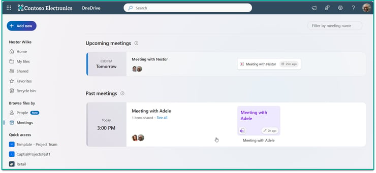 screenshot of the 'Meetings' page in the OneDrive web app; two meetings are displayed, with one showing the meeting notes file