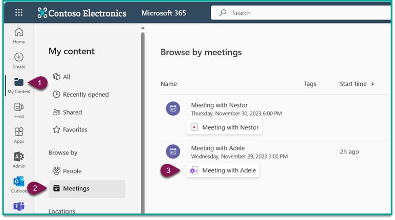 screenshot of the 'My Content' page in the M365 home app;  Numbered bubbles point to (1) the 'My content' button on the navigation, (2) the 'Meetings' button on the sub-navigation, and (3) points to a meeting with a meeting .LOOP file