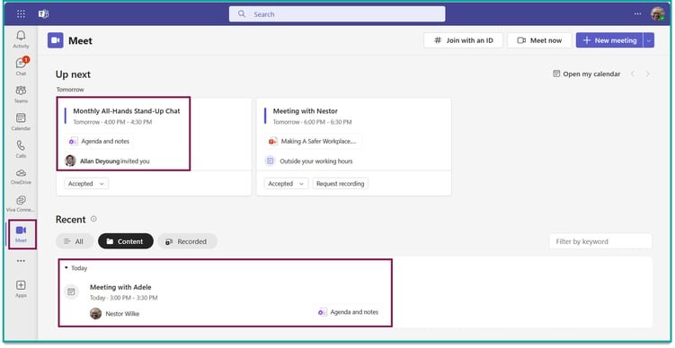 screeenshot of the 'Meet' app in Microsoft Teams; shapes are used to highlight meetings where Loop meeting files are attached
