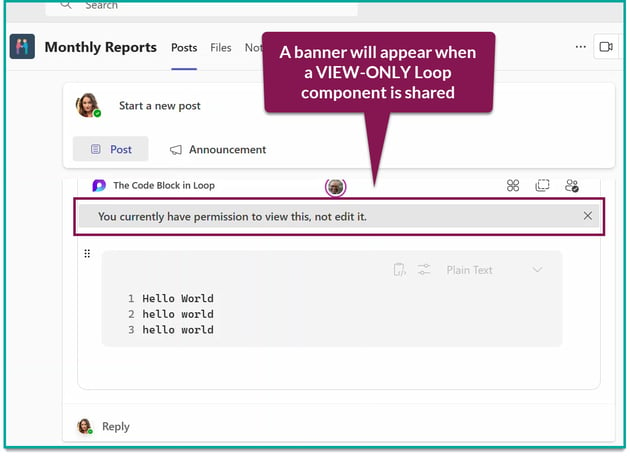 screenshot of a Loop component shared to a team channel; the component has a banner that says "You currently have permission to view this, not edit it"