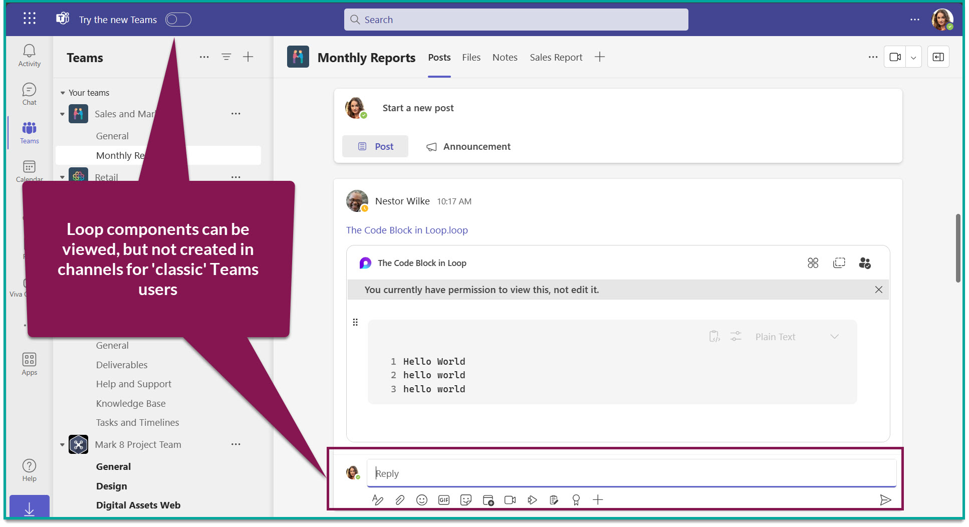 screenshot of a channel conversation in the 'classic' Microsoft Teams app; a text bubble explains that Loop components cannot be created.