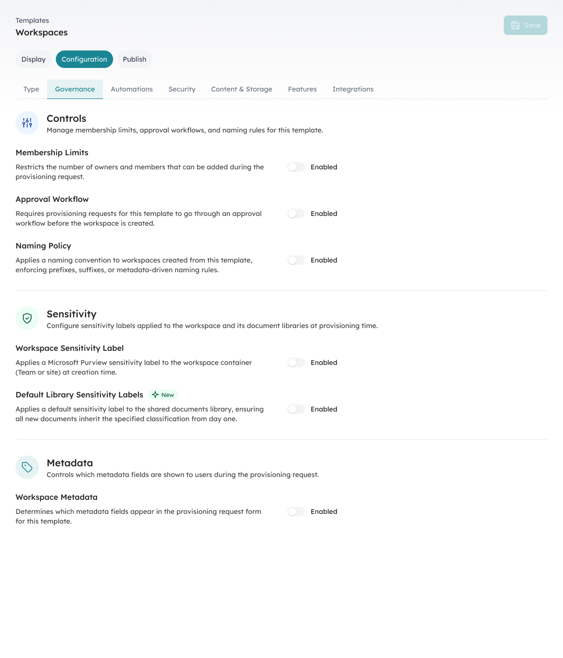 Orchestry provisioning template governance settings showing membership limits, approval workflow, naming policy, and sensitivity labels.