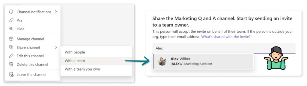 Confusion caused by having too many options when creating a Shared Channel in Teams and sharing it