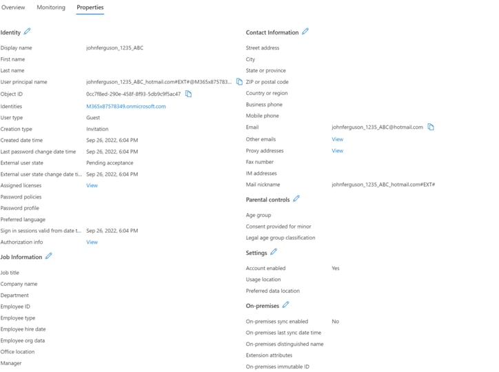 The Guest user information fields available for editing by Azure Active Directory Admin