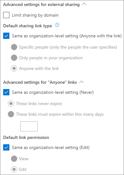 SharePoint online external sharing advanced options for external collaboration