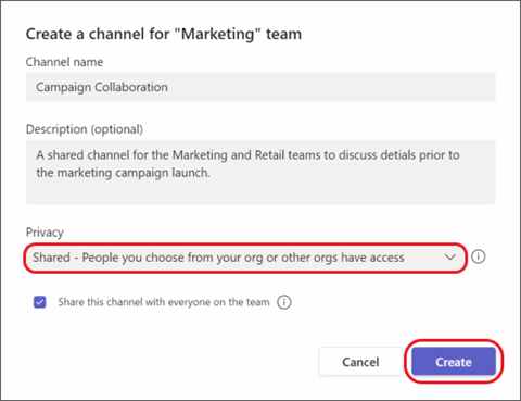 Screenshot of MS Teams Shared Channel Creation