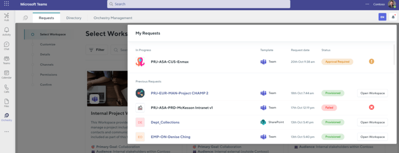 Orchestry's SharePoint or Microsoft Teams provisioning request notification