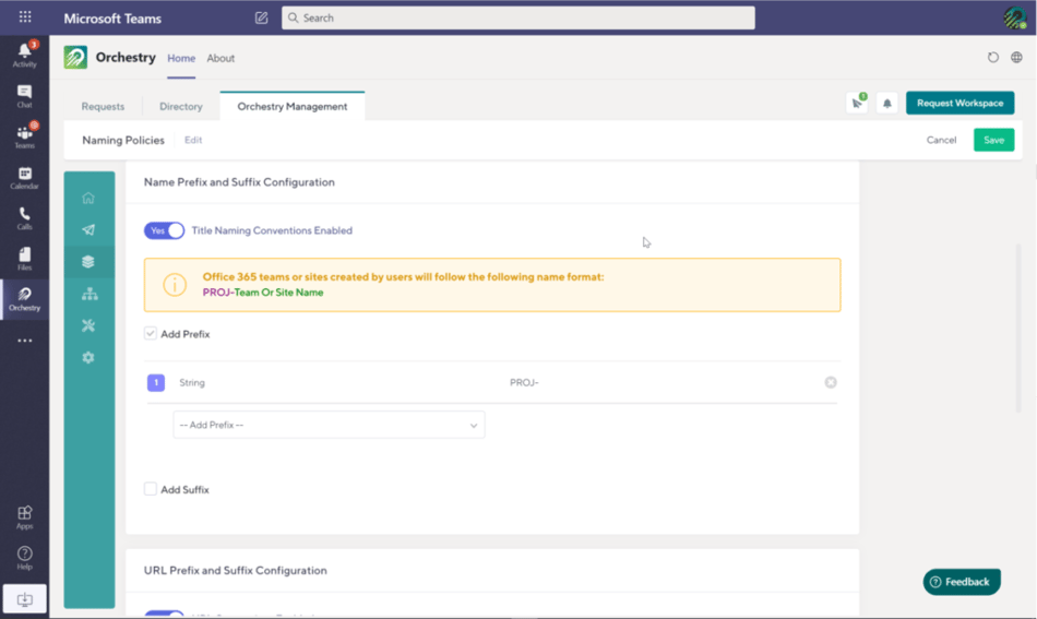 Image demonstrating Orchestry's configuration of Microsoft Teams and SharePoint naming conventions