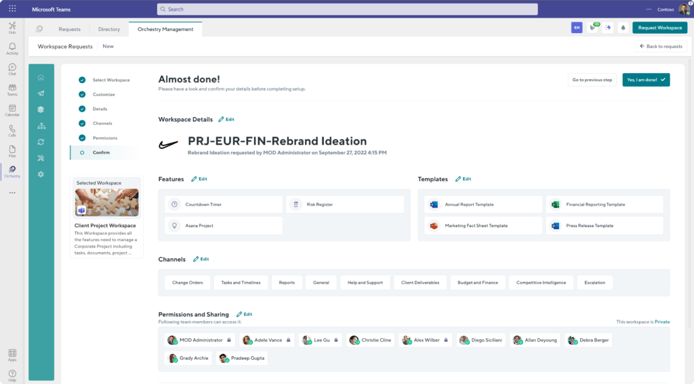Image demonstrating Orchestry's Microsoft Teams and SharePoint provisioning workflow for end users