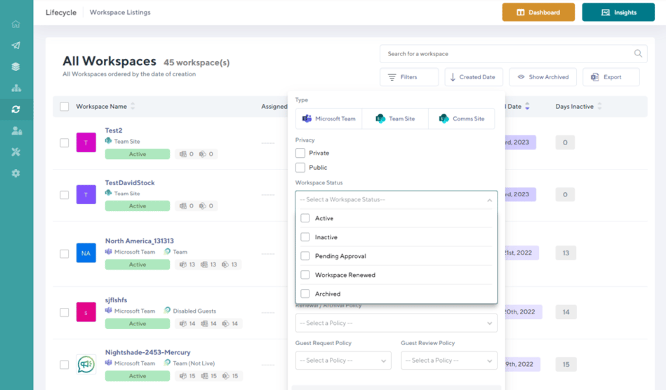 Image demonstrating Orchestry's individual Microsoft Teams and SharePoint site analytics 