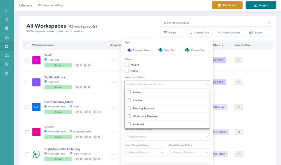 Orchestry's Microsoft Teams and SharePoint sites detailed insights and filtering options