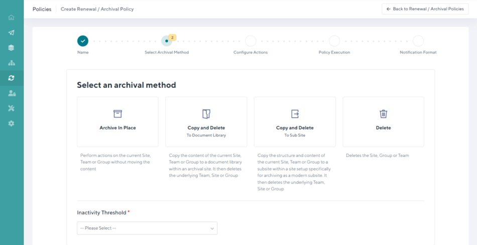 Orchestry's SharePoint and Microsoft Teams archiving policy creation interface