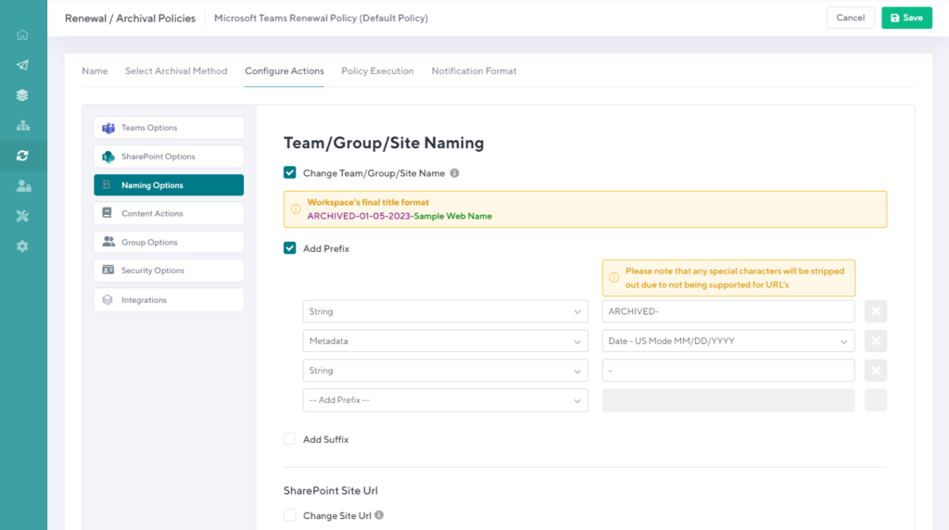 Orchestry's Microsoft Teams and SharePoint archiving policy content action configurations