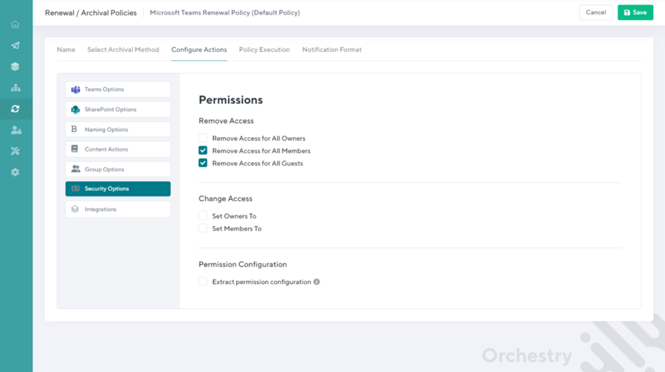 Orchestry's SharePoint and Microsoft Teams archiving policy permissions configuration