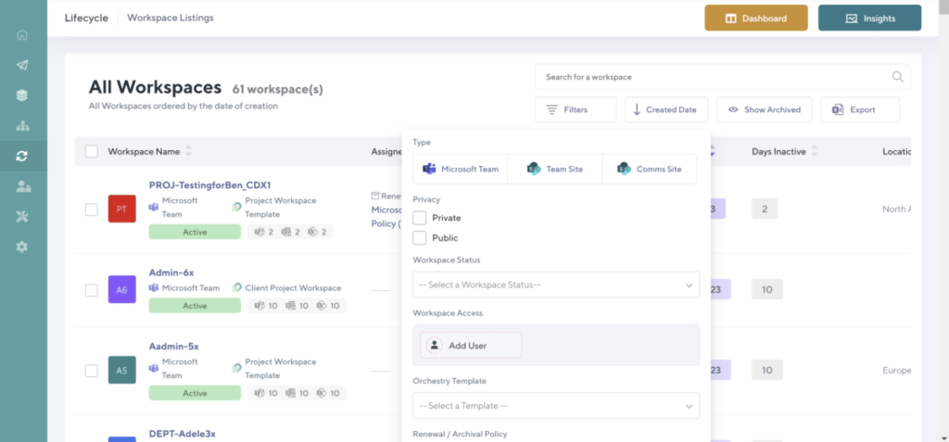 Orchestry's Microsoft 365 reporting that shows lists of Teams with a specific Owner