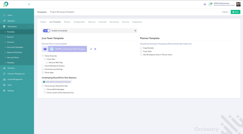 Orchestry's SharePoint and Microsoft Teams Template cloning configuration