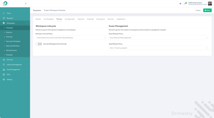 Orchestry's Microsoft Teams template governance configuration