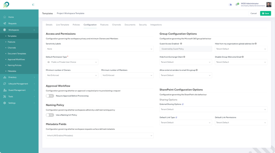 Orchestry's Microsoft Teams governance policies configuration