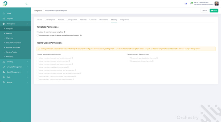Orchestry's Microsoft Teams Workspace template default permissions configuration