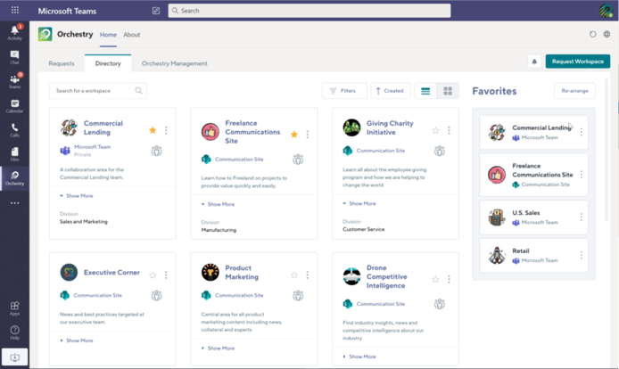 Image demonstrating Orchestry's Microsoft Teams and SharePoint site directory