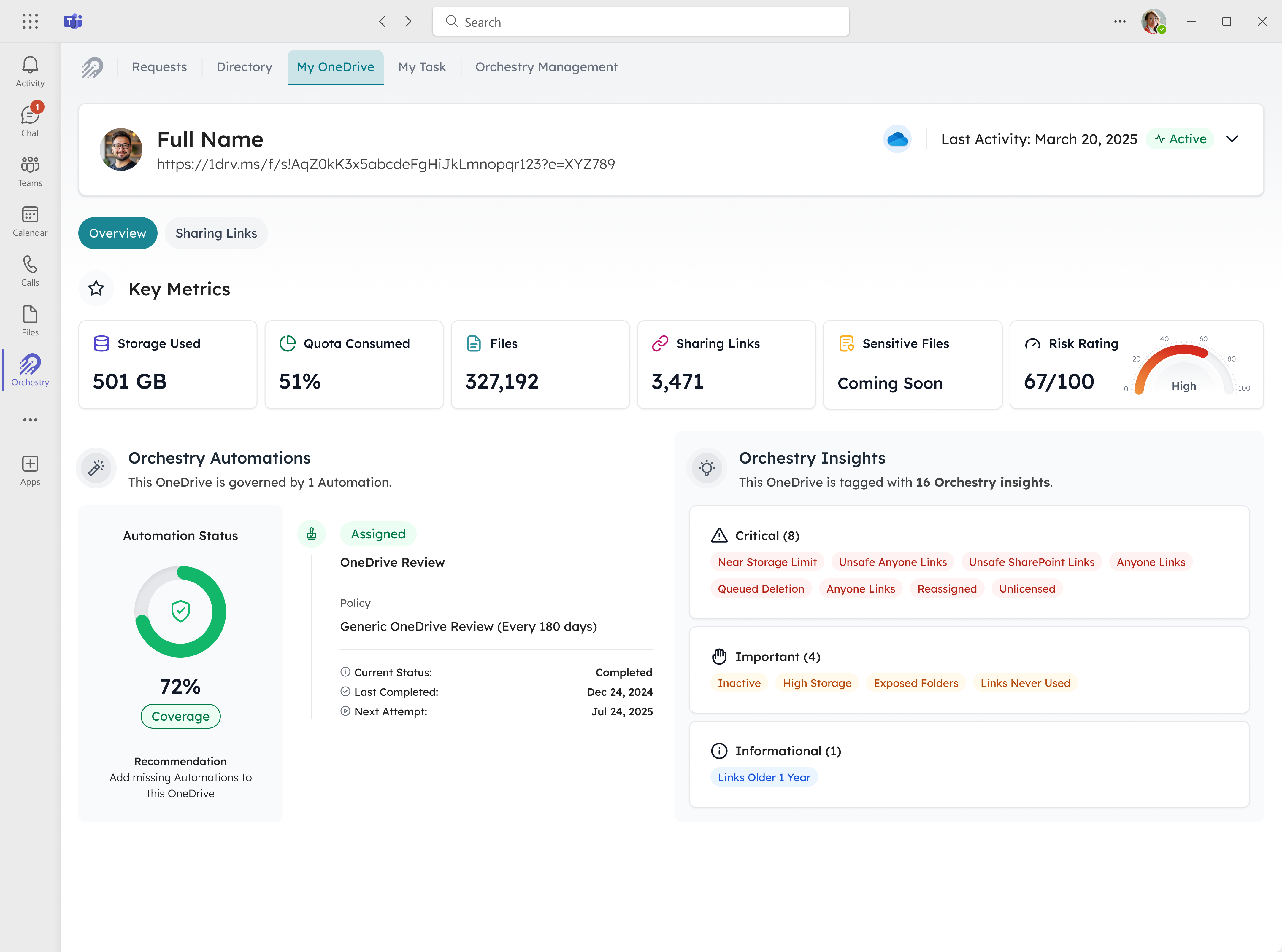 The My OneDrive tab in the Orchestry Teams app showing an individual user's storage metrics, assigned review policy status, and governance insights.