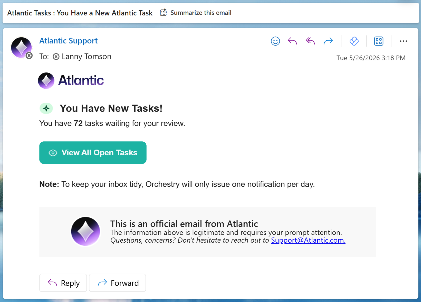 Orchestry task notification prompting a workspace owner to certify or flag their workspace.