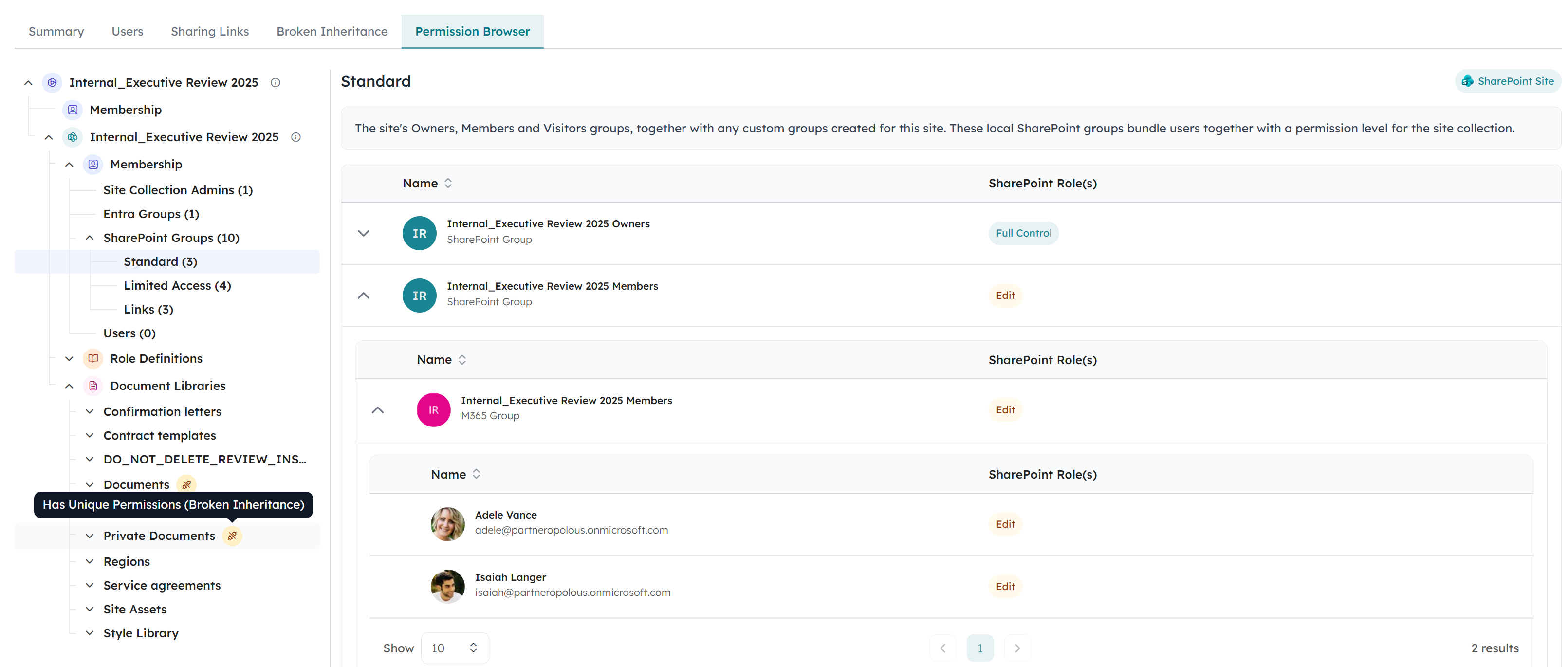 Orchestry's Permission Browser tree with SharePoint groups split into Standard, Limited Access and Links, and a library flagged for broken inheritance