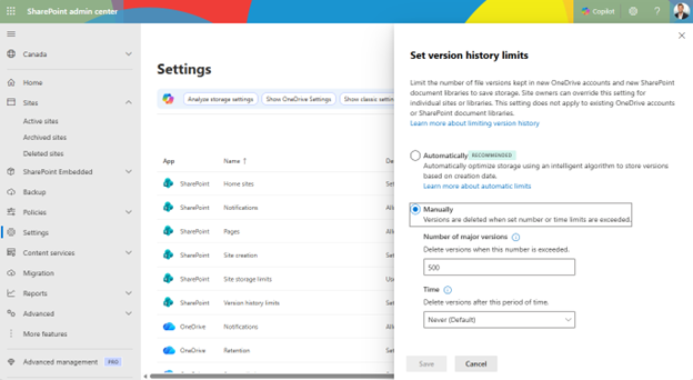 SharePoint admin center Settings page with Version history limits listed as a configurable option