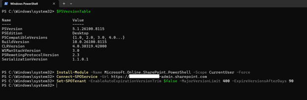 Windows PowerShell terminal showing Set-SPOTenant command with EnableAutoExpirationVersionTrim false, MajorVersionLimit 400, and ExpireVersionsAfterDays 90