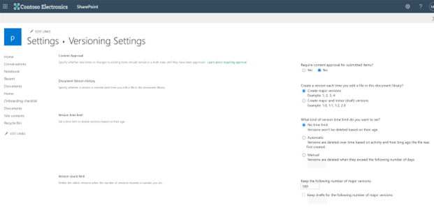 SharePoint document library Versioning Settings page showing version time limit options including No time limit, Automatic, and Manual