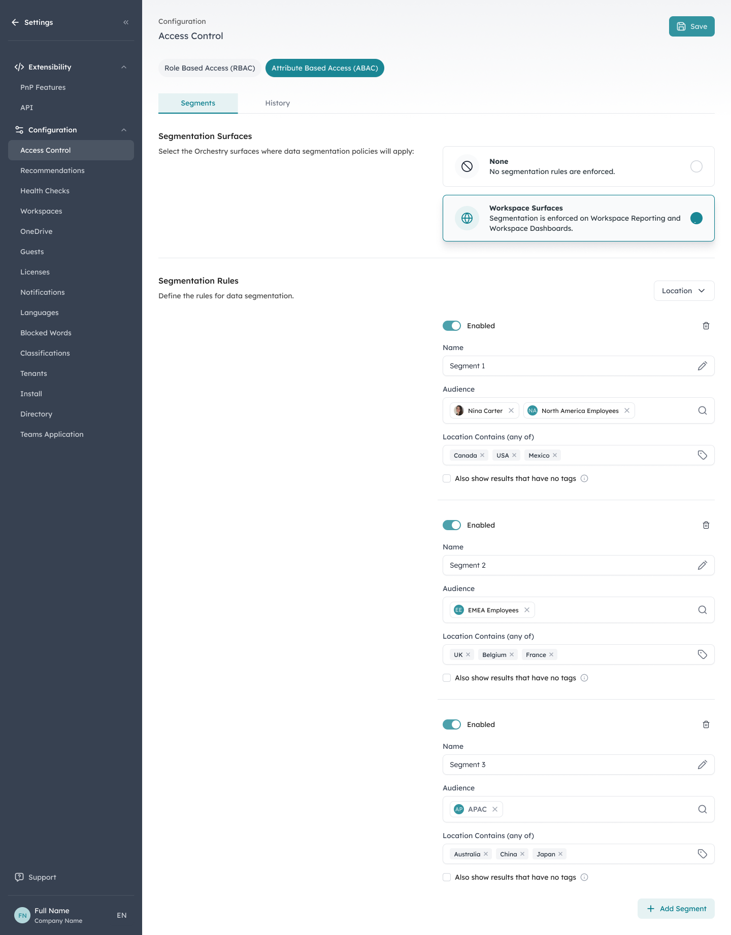 Orchestry attribute-based access control defining data segmentation rules by region across North America, EMEA, and APAC