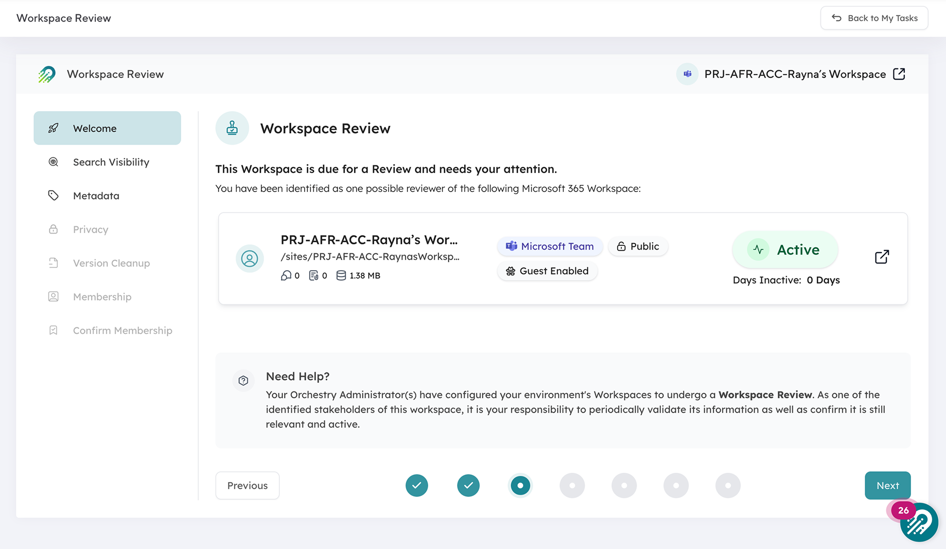 rchestry workspace review prompting an owner to certify, archive, or delete a workspace.