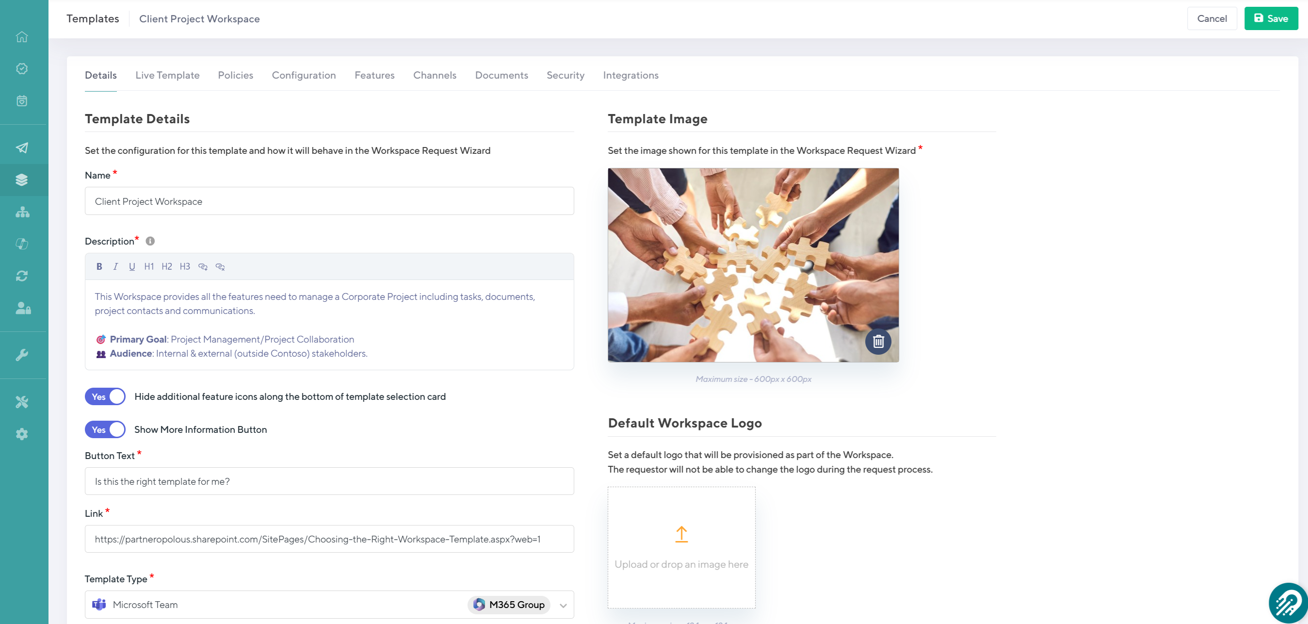 Workspace Template Configuration Screen